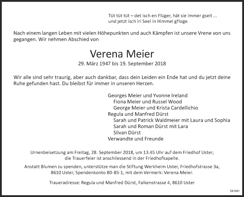 Traueranzeige für Verena Meier vom 26.09.2018 aus ZO Gesamt
