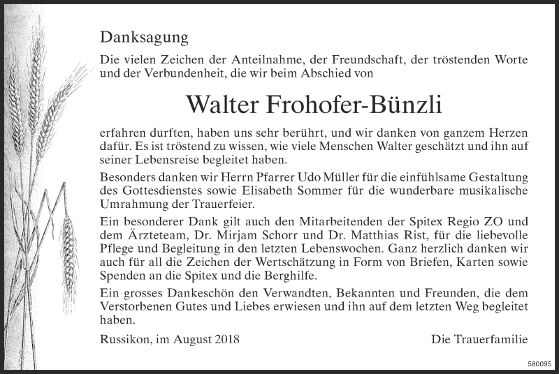  Traueranzeige für Walter Frohofer-Bünzli vom 05.09.2018 aus ZO Gesamt