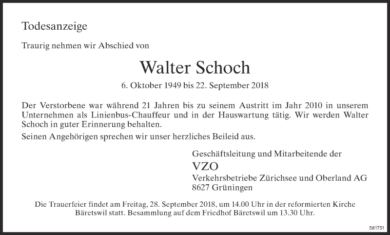  Traueranzeige für Walter Schoch vom 27.09.2018 aus ZO Gesamt