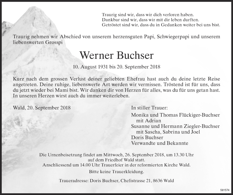  Traueranzeige für Werner Buchser vom 22.09.2018 aus ZO Gesamt