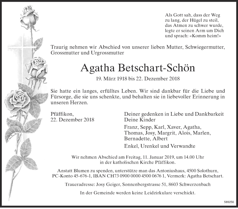  Traueranzeige für Agatha Betschart-Schön vom 04.01.2019 aus ZO Gesamt