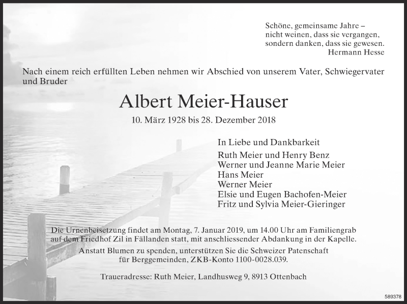  Traueranzeige für Albert Meier-Hauser vom 04.01.2019 aus ZO Gesamt
