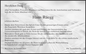 Traueranzeige von Hans Rüegg von ZO Gesamt