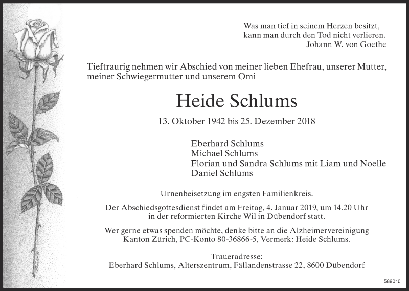  Traueranzeige für Heide Schlums vom 04.01.2019 aus Glattaler