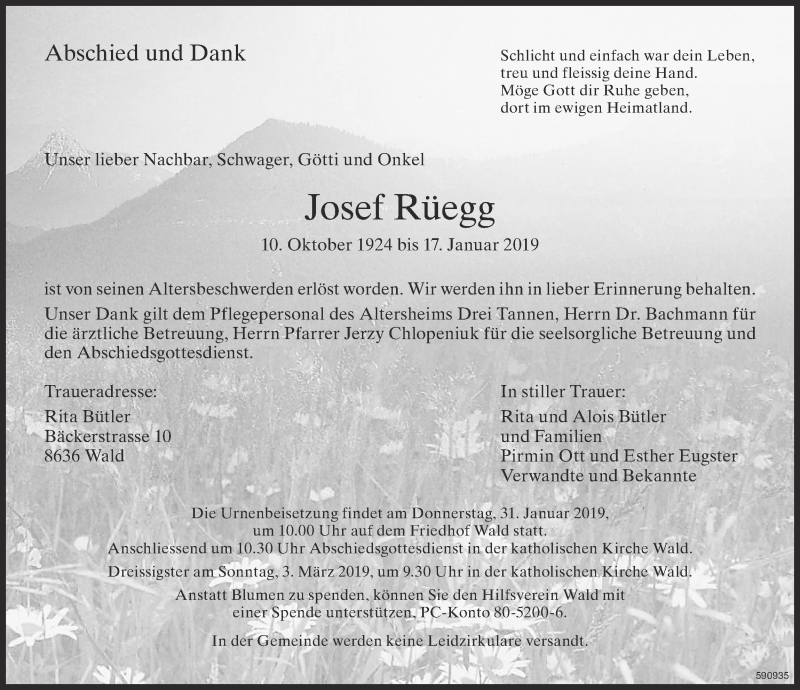  Traueranzeige für Josef Rüegg vom 23.01.2019 aus ZO Gesamt