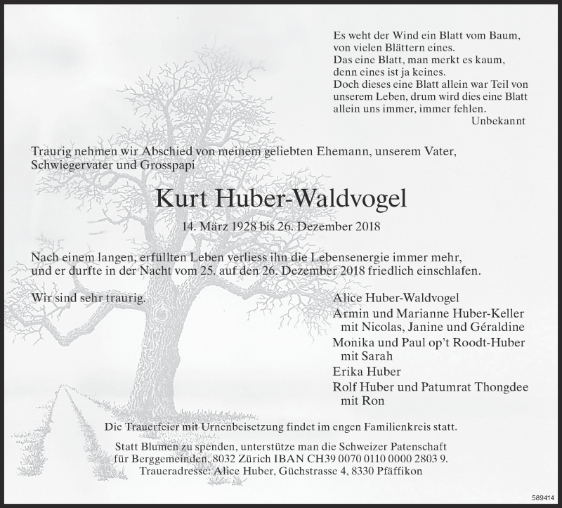  Traueranzeige für Kurt Huber-Waldvogel vom 09.01.2019 aus ZO Gesamt