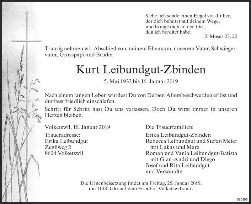  Traueranzeige für Kurt Leibundgut-Zbinden vom 23.01.2019 aus ZO Gesamt