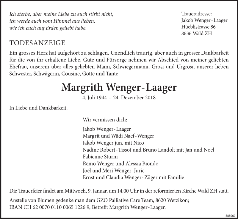  Traueranzeige für Margrith Wenger-Laager vom 04.01.2019 aus ZO Gesamt