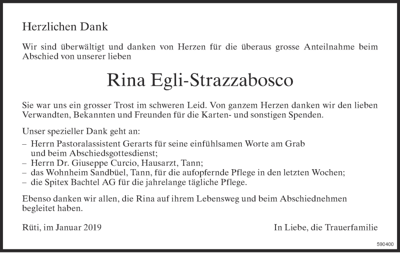  Traueranzeige für Rina Egli-Strazzabosco vom 18.01.2019 aus ZO Gesamt