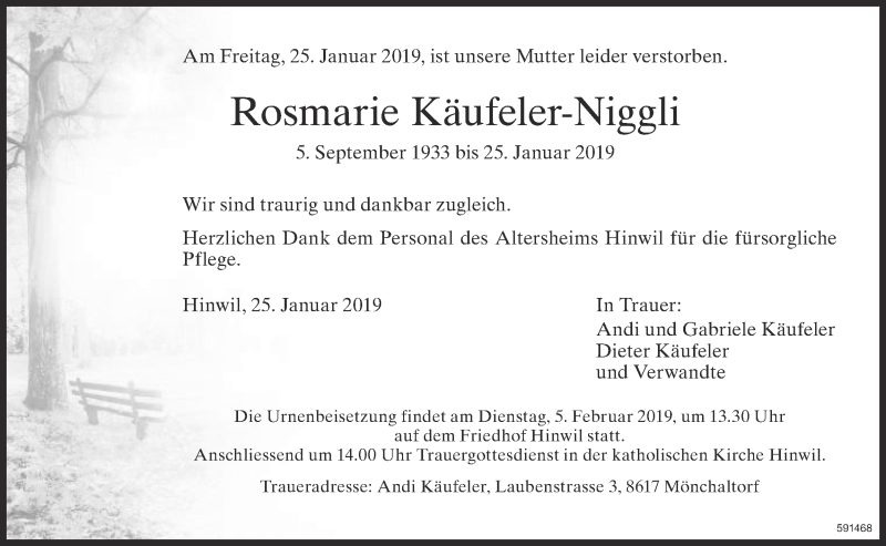  Traueranzeige für Rosmarie Käufeler-Niggli vom 30.01.2019 aus ZO Gesamt