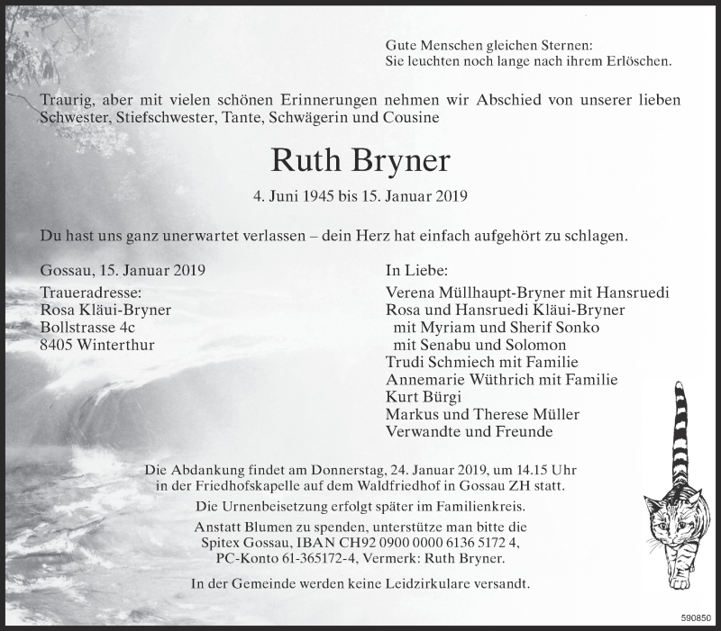  Traueranzeige für Ruth Bryner vom 22.01.2019 aus ZO Gesamt