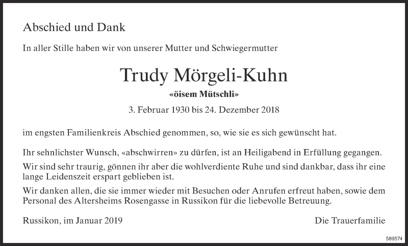  Traueranzeige für Trudy Mörgeli-Kuhn vom 09.01.2019 aus ZO Gesamt