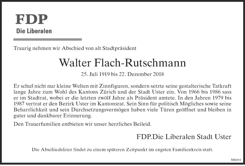  Traueranzeige für Walter Flach-Rutschmann vom 16.01.2019 aus ZO Gesamt