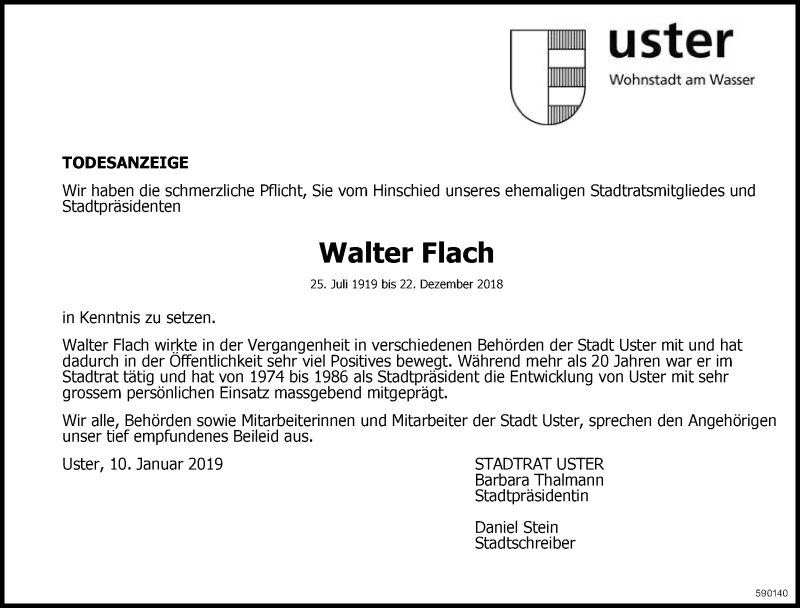  Traueranzeige für Walter Flach vom 11.01.2019 aus ZO Gesamt