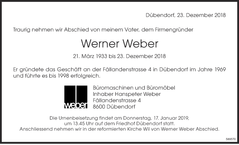  Traueranzeige für Werner Weber vom 11.01.2019 aus Glattaler