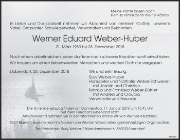 Traueranzeige von Werner Eduard Weber-Huber von ZO Gesamt