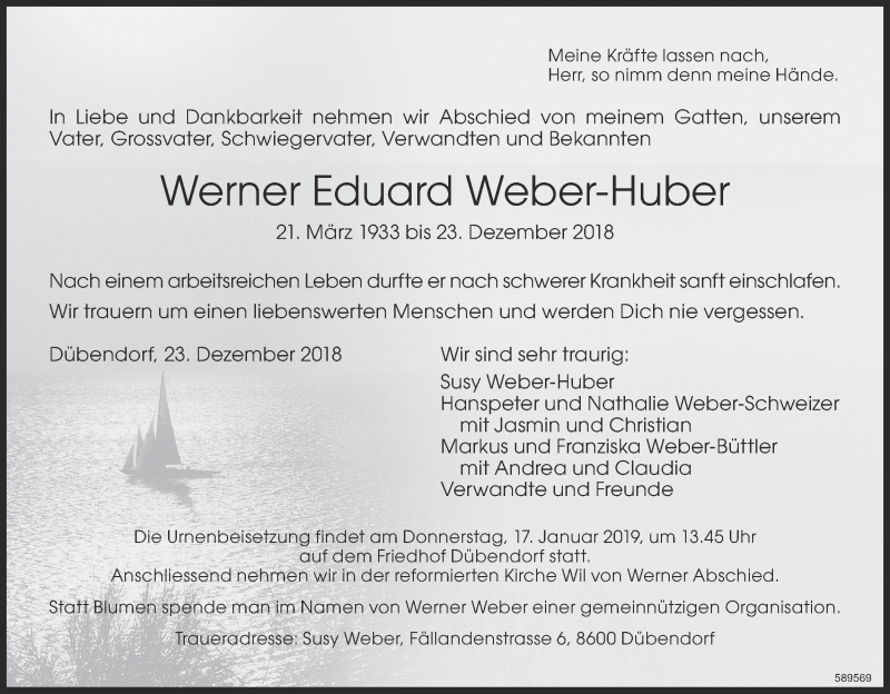  Traueranzeige für Werner Eduard Weber-Huber vom 11.01.2019 aus Glattaler