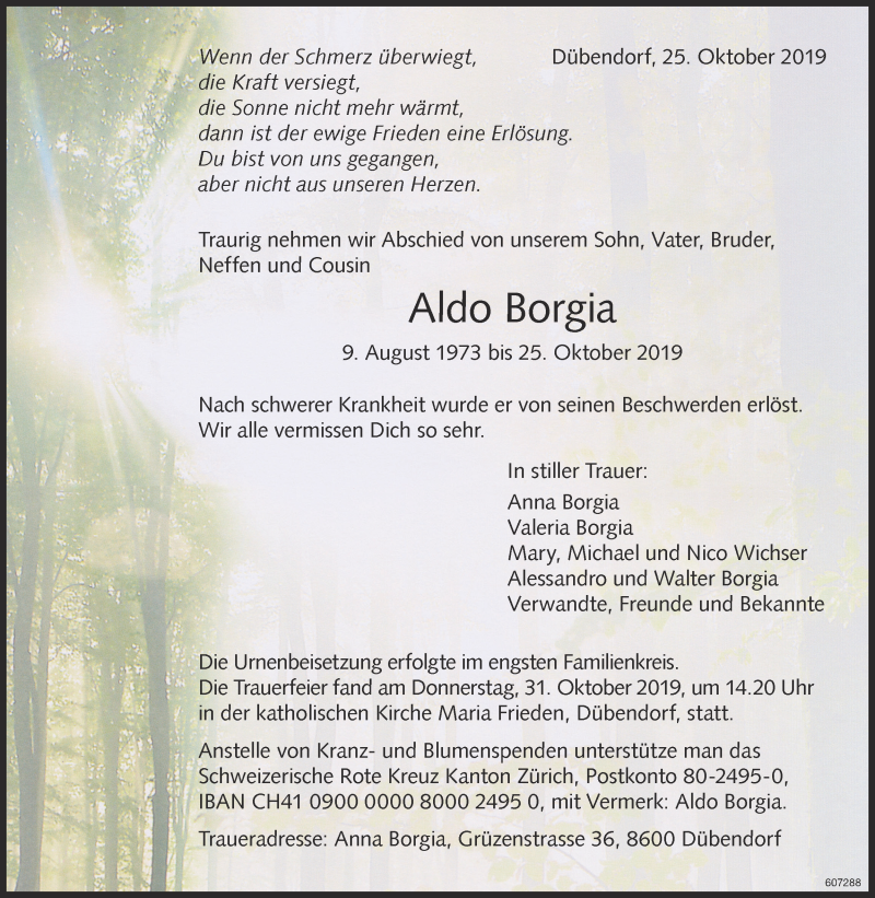  Traueranzeige für Aldo Borgia vom 01.11.2019 aus Glattaler