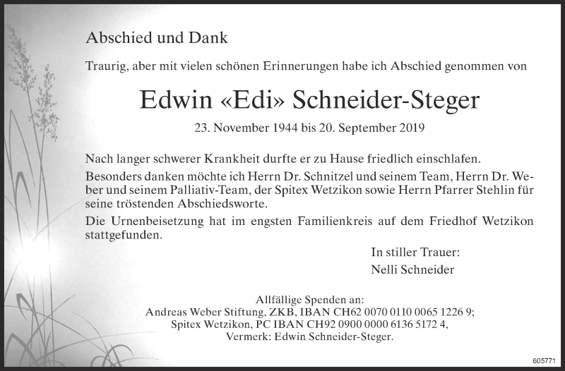  Traueranzeige für Edwin Schneider-Steger vom 02.10.2019 aus ZO Gesamt