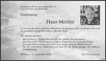 Traueranzeige von Hans Mettler von ZO Gesamt