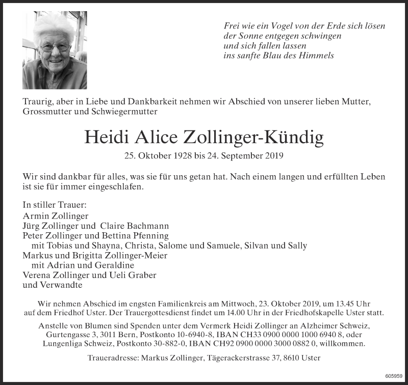  Traueranzeige für Heidi Alice Zollinger-Kündig vom 09.10.2019 aus ZO Gesamt