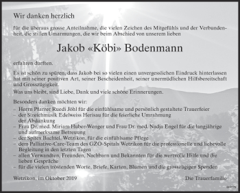 Traueranzeige von Jakob Bodenmann von ZO Gesamt