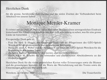 Traueranzeige von Monique Mettler-Kramer von ZO Gesamt