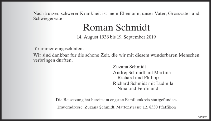  Traueranzeige für Roman Schmidt vom 02.10.2019 aus ZO Gesamt
