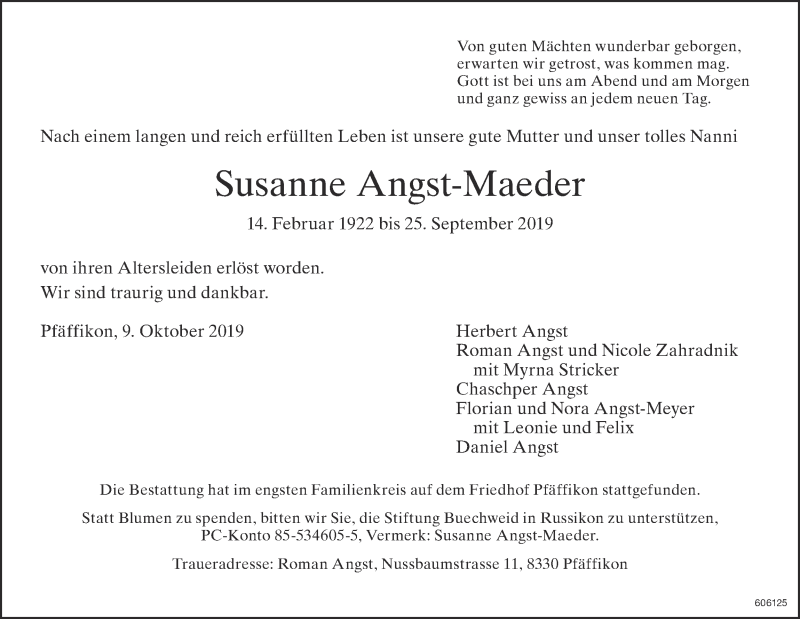  Traueranzeige für Susanne Angst-Maeder vom 09.10.2019 aus ZO Gesamt
