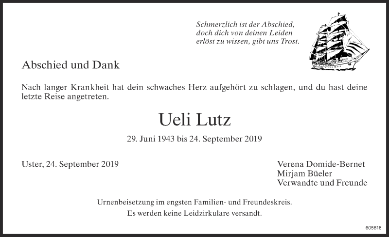  Traueranzeige für Ueli Lutz vom 02.10.2019 aus ZO Gesamt