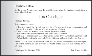 Traueranzeige von Urs Oeschger von ZO Gesamt