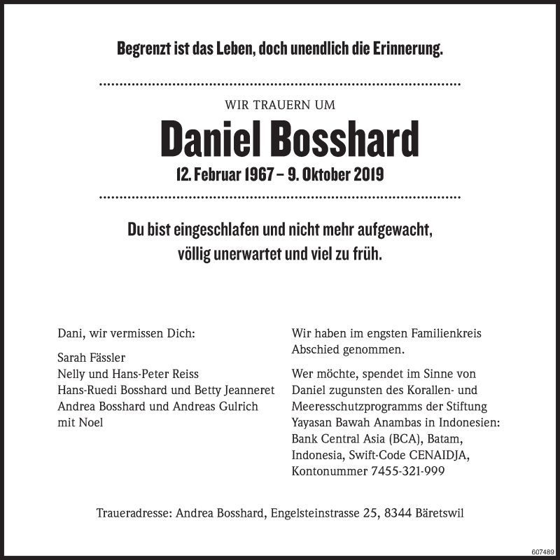  Traueranzeige für Daniel Bosshard vom 04.11.2019 aus ZO Gesamt