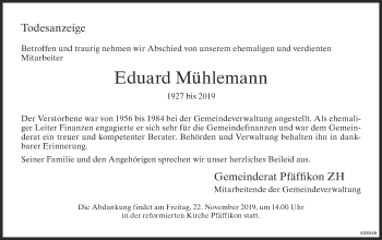 Traueranzeige von Eduard Mühlemann von ZO Gesamt