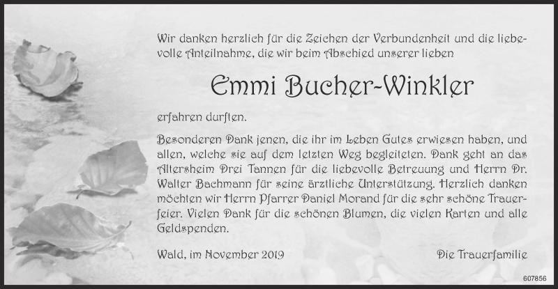  Traueranzeige für Emmi Bucher-Winkler vom 14.11.2019 aus ZO Gesamt