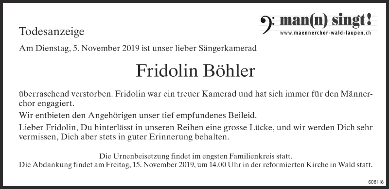  Traueranzeige für Fridolin Böhler vom 13.11.2019 aus ZO Gesamt