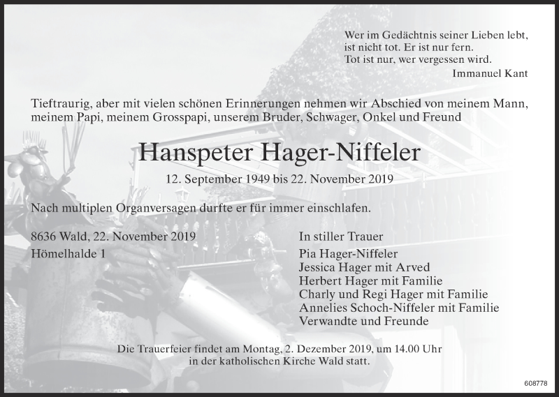  Traueranzeige für Hanspeter Hager-Niffeler vom 27.11.2019 aus ZO Gesamt