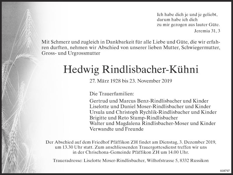  Traueranzeige für Hedwig Rindlisbacher-Kühni vom 27.11.2019 aus ZO Gesamt