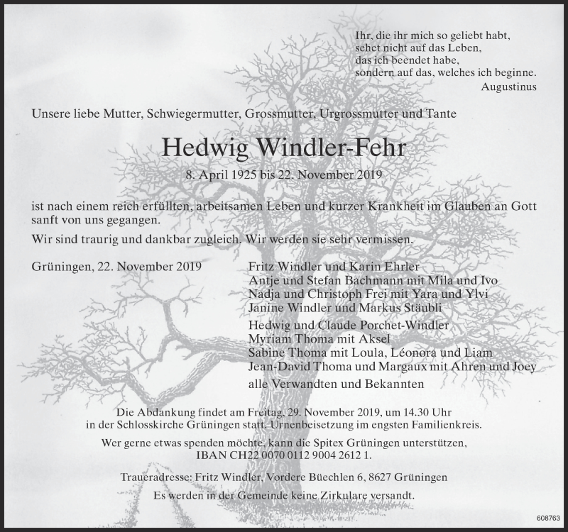  Traueranzeige für Hedwig Windler-Fehr vom 27.11.2019 aus ZO Gesamt