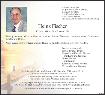 Traueranzeige von Heinz Fischer von Glattaler