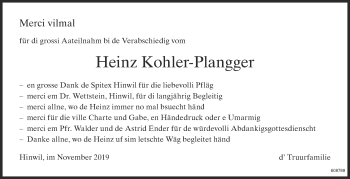 Traueranzeige von Heinz Kohler-Plangger von ZO Gesamt