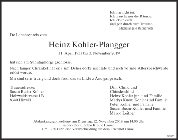 Traueranzeige von Heinz Kohler-Plangger von ZO Gesamt