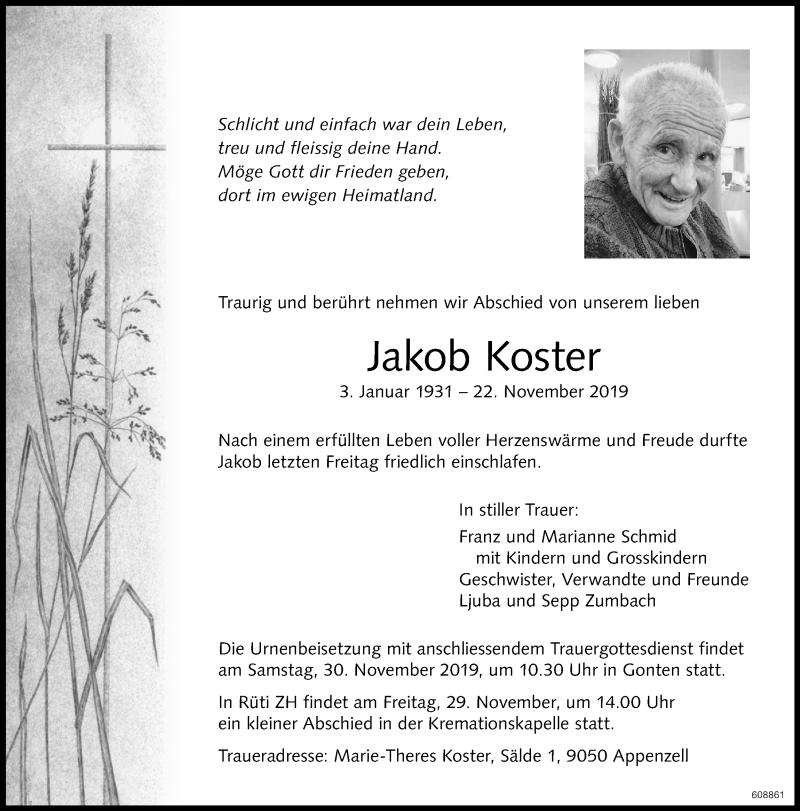 Traueranzeige für Jakob Koster vom 27.11.2019 aus ZO Gesamt