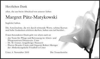 Traueranzeige von Margret Pütz-Matykowski von ZO Gesamt