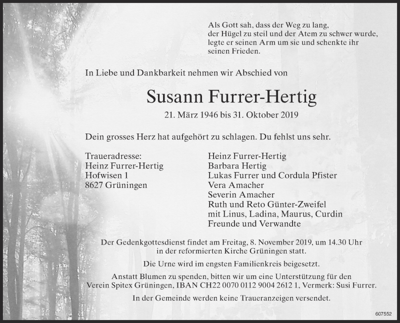  Traueranzeige für Susann Furrer-Hertig vom 04.11.2019 aus ZO Gesamt