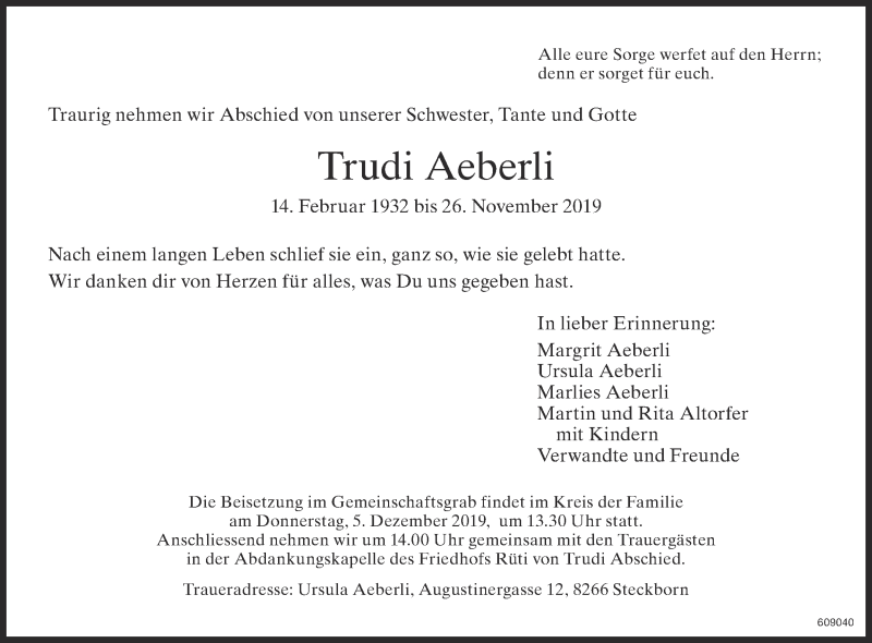  Traueranzeige für Trudi Aeberli vom 30.11.2019 aus ZO Gesamt