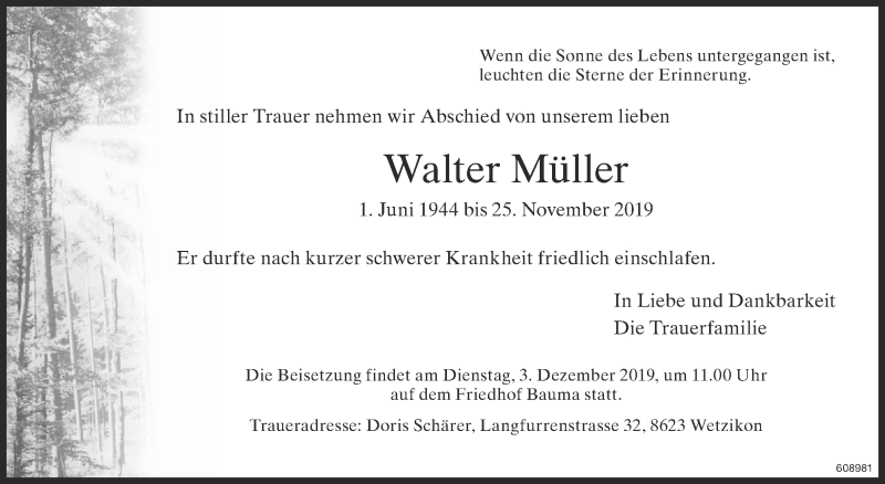  Traueranzeige für Walter Müller vom 29.11.2019 aus ZO Gesamt