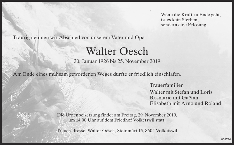  Traueranzeige für Walter Oesch vom 29.11.2019 aus Glattaler