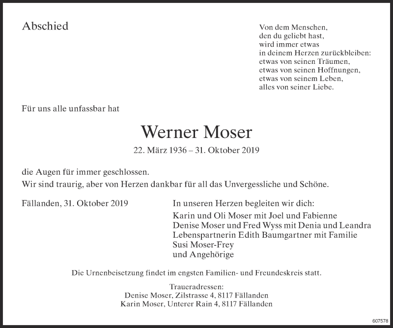  Traueranzeige für Werner Moser vom 08.11.2019 aus Glattaler