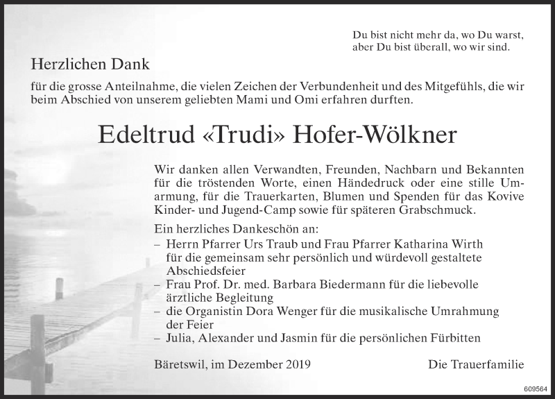  Traueranzeige für Edeltrud Hofer-Wölkner vom 11.12.2019 aus ZO Gesamt