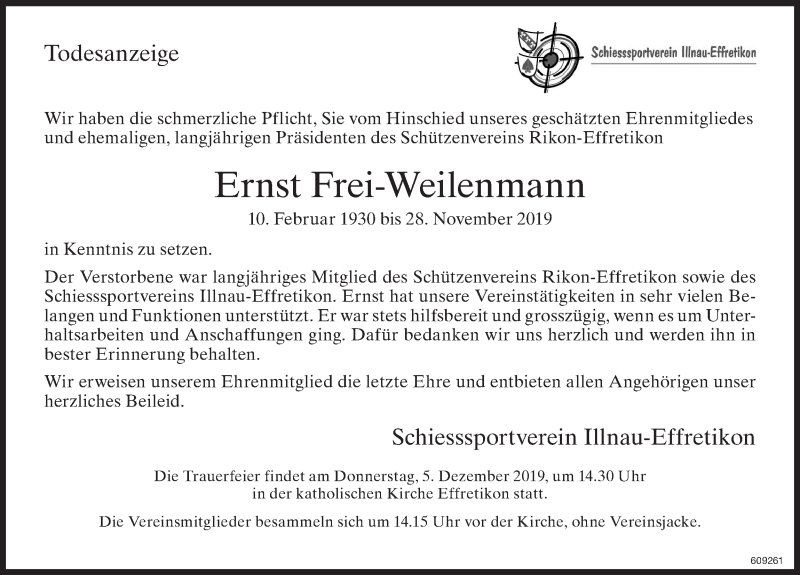  Traueranzeige für Ernst Frei-Weilenmann vom 04.12.2019 aus ZO Gesamt